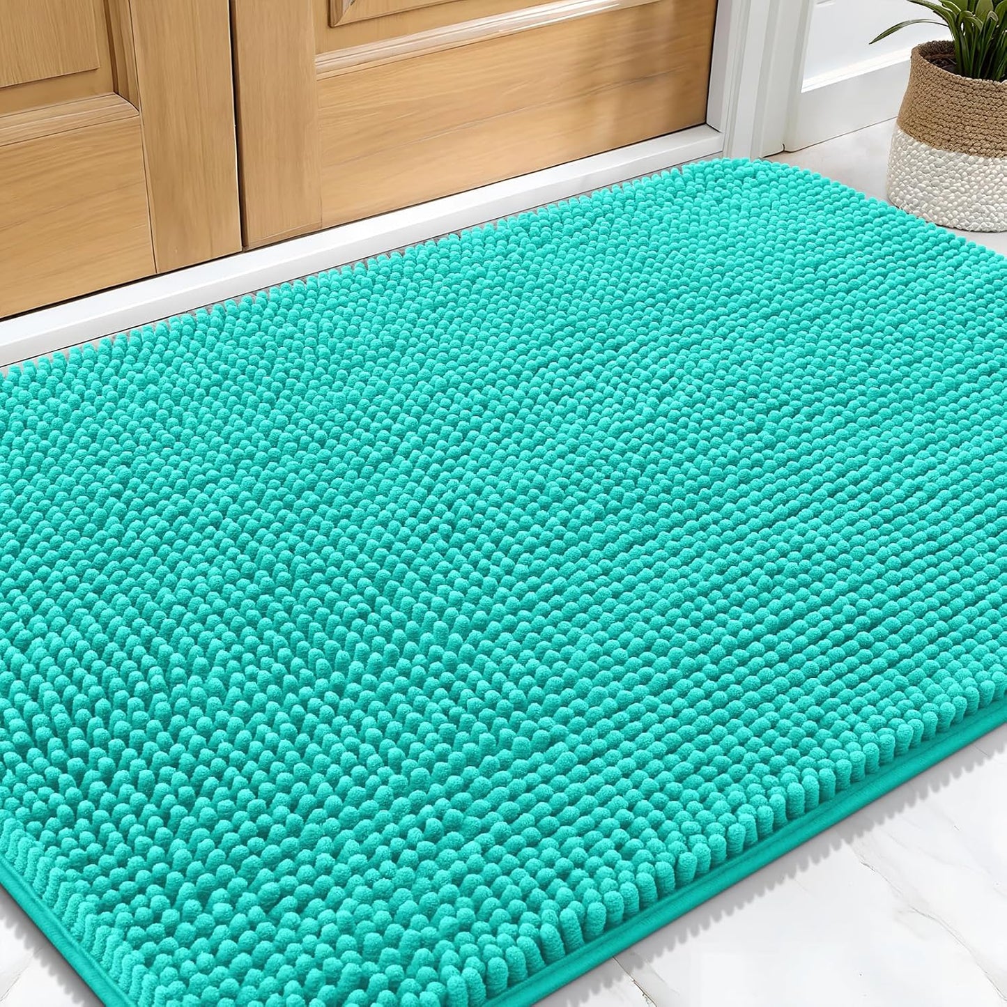 OLANLY Dog Door Mat for Muddy Paws 30x20, Absorbs Moisture and Dirt, Absorbent Non-Slip Washable Doormat, Quick Dry Chenille Mud Mat for Dogs, Entry Indoor Entryway Carpet for Inside Floor, Teal