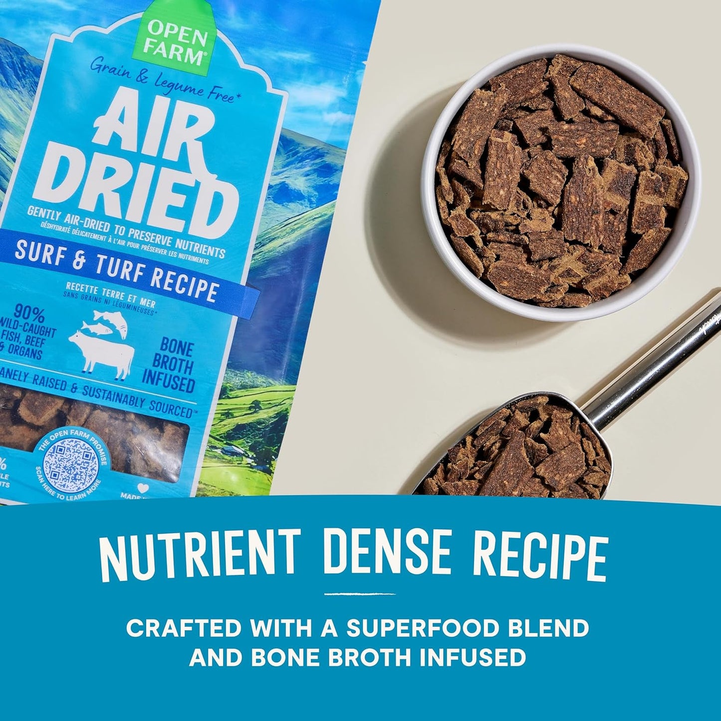 Open Farm, Air Dried Dog Food Infused with Bone Broth, Grain & Legume Free, Complete Meal or Food Topper, Surf & Turf Recipe, 1lb Bag