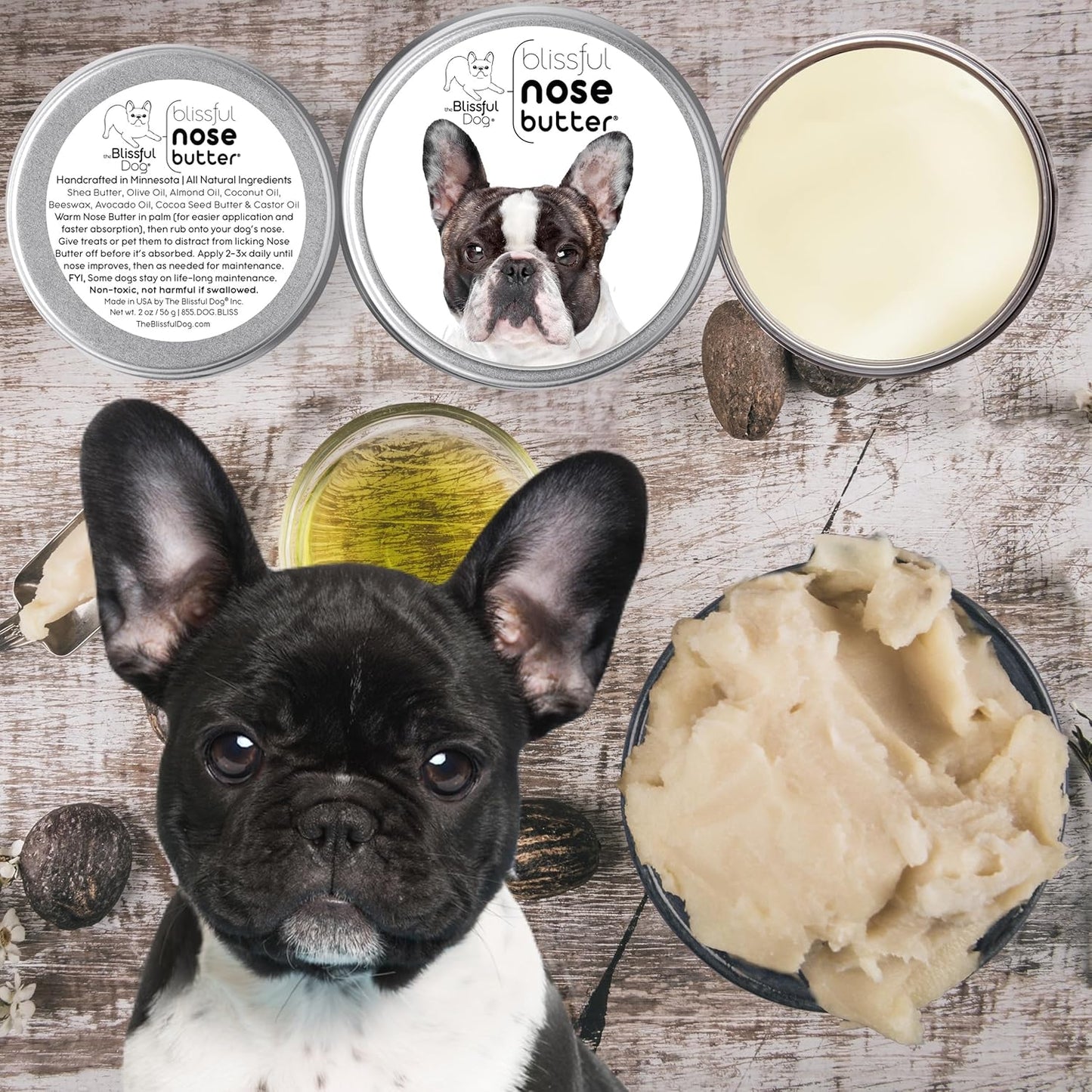 The Blissful Dog Pied French Bulldog Nose Butter, Versatile Dog Nose Balm for Dry Nose, Handcrafted Nose Moisturizer, Easy-to-Apply Dog Essentials, Unscented, 1 oz.