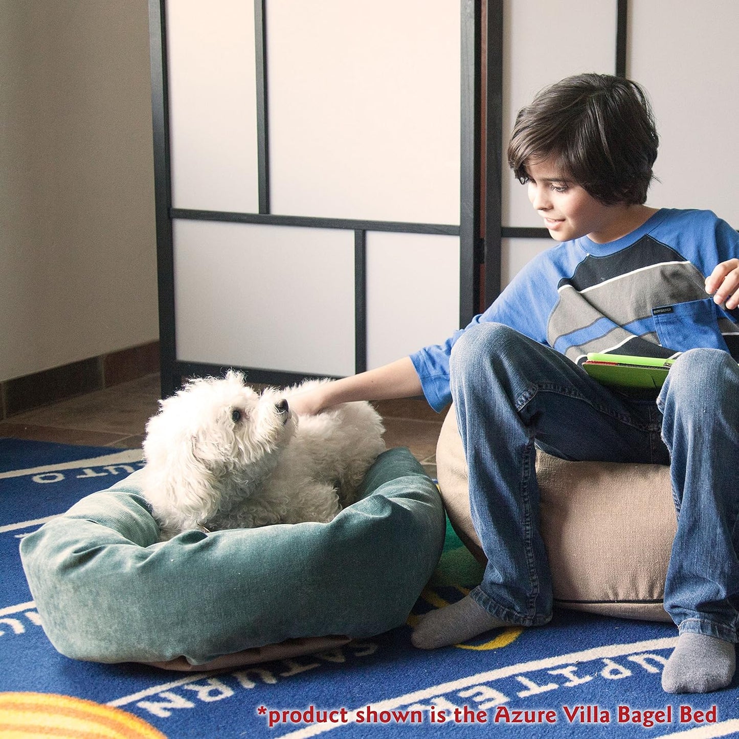 Majestic Pet 32 Inch Micro Velvet Calming Dog Bed Washable – Cozy Soft Round Dog Bed with Spine for Head Support - Fluffy Donut Dog Bed 32x23x7 (inch) – Round Pet Bed Medium – Azure