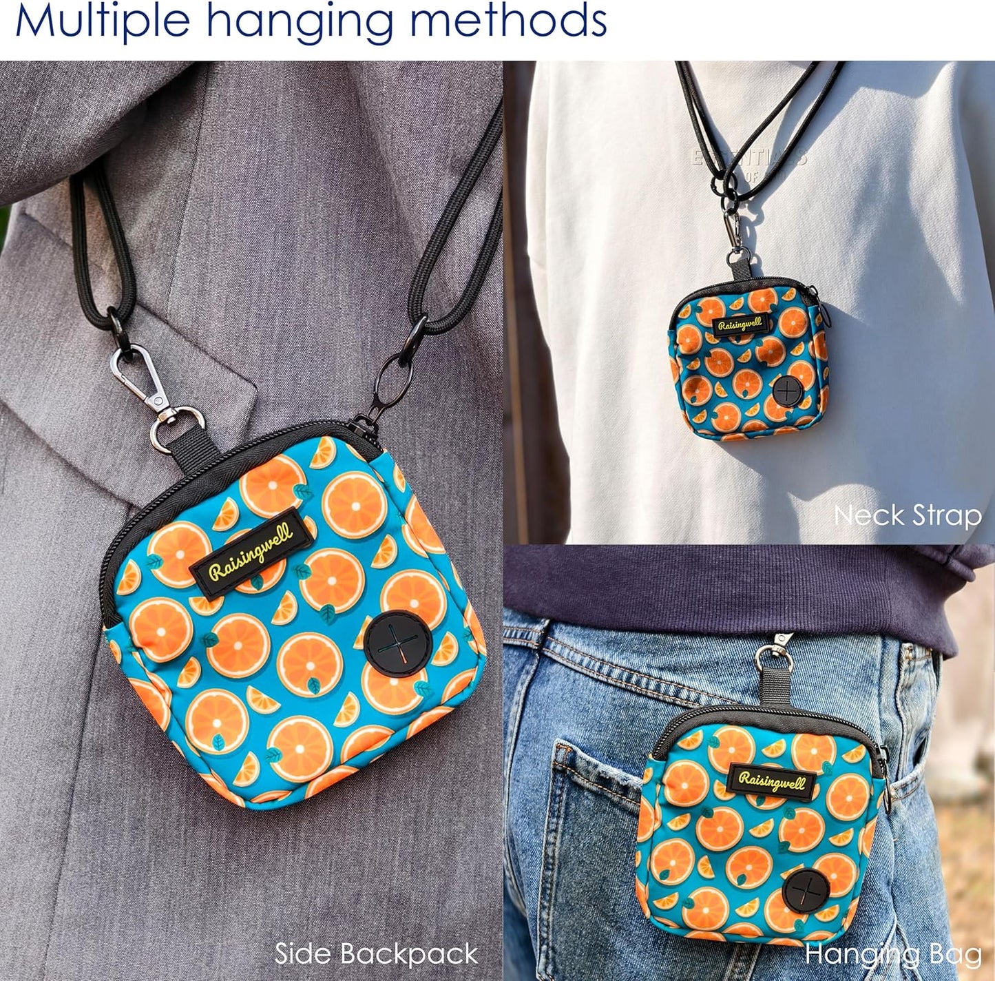 Dog Treat Pouch for Pet Walking and Training with Clicker Poop Bags Small Fanny Zipper Pack Holder for Puppy Snack Dispenser Kit for Leash and Outdoor Use (Fruit Orange)