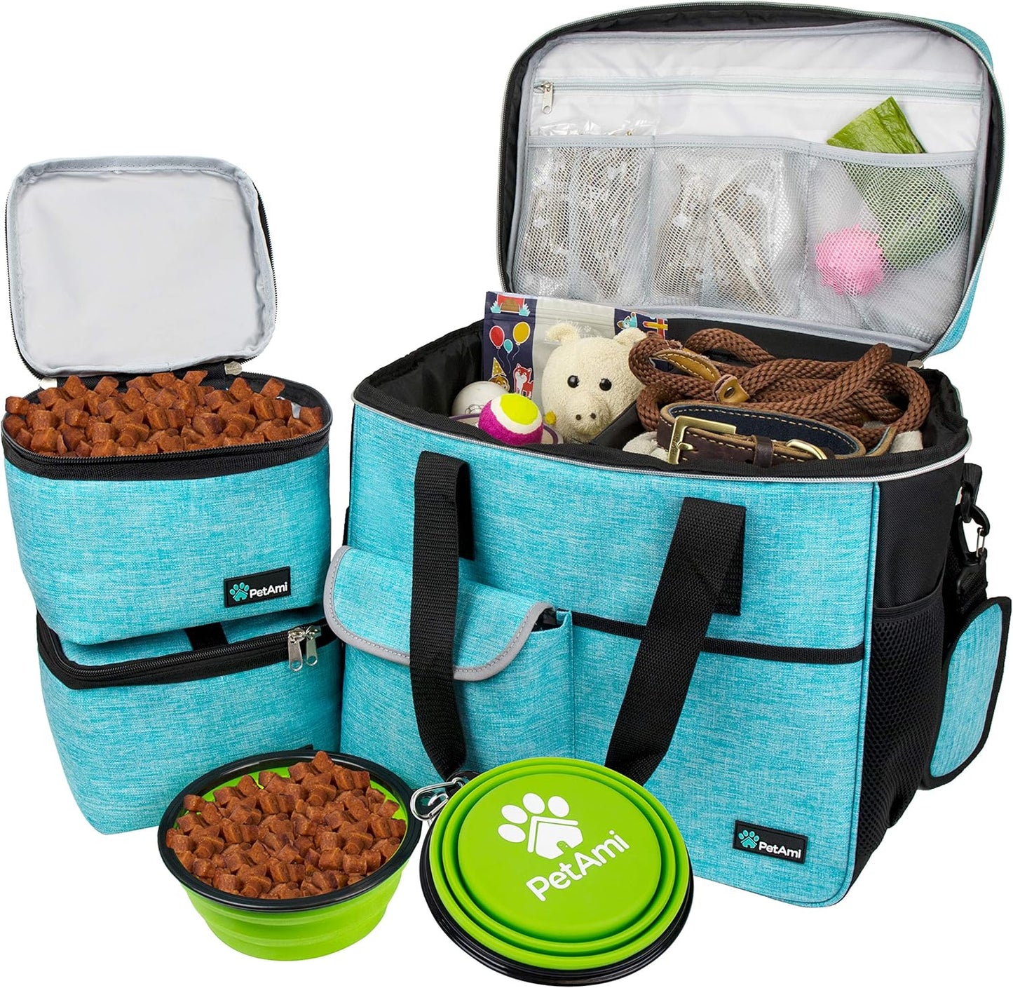 PetAmi Travel Bag Organizer - Dog & Cat Diaper Bag with Food Container and Bowls, Perfect for Weekend Camping (Sea Blue, Large)